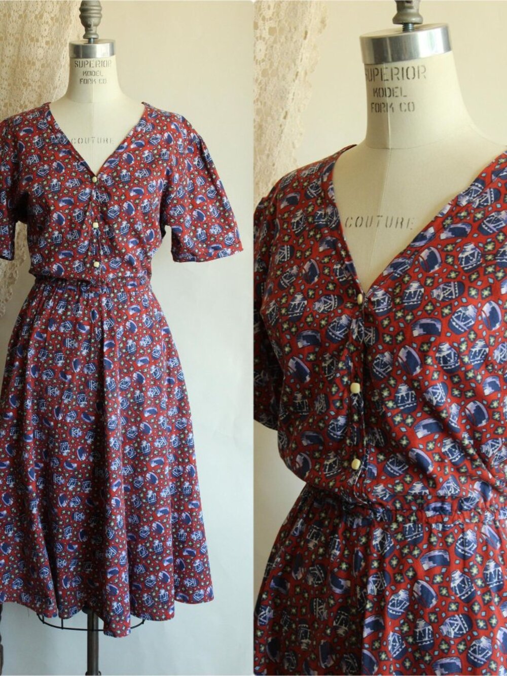 Vintage 1980's Shirtwaist Dress, Volup 1950s Style Ginger Jar Novelty Print Midi